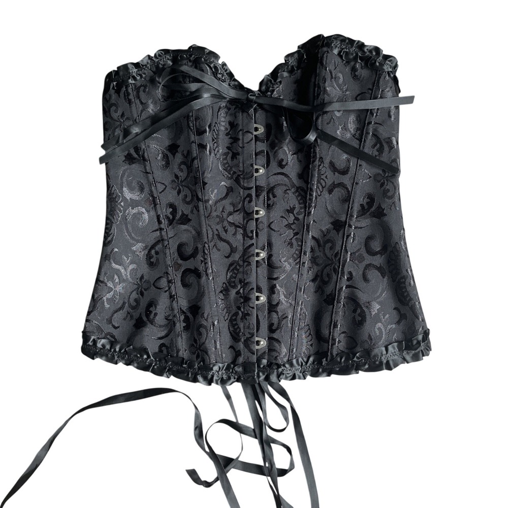 Black‎ Damask Jacquard Corset Bustier Top Lace Up Back Ruffle Trim Size Large